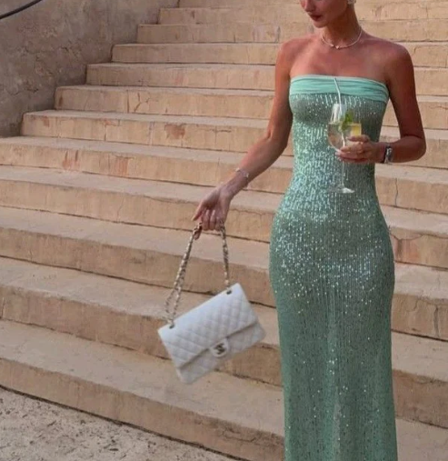 Elegant Strapless Green Sequin Mermaid Evening Dress Long Prom Gown D833