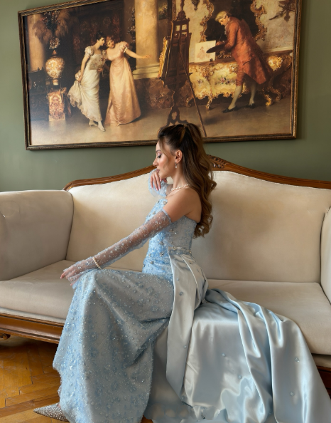 Classy Strapless Light Blue Satin Tulle Beaded Mermaid Prom Dress Long Party Gown D871