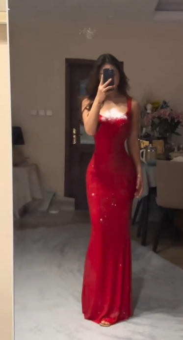 Shiny Red Spaghetti Straps Satin Sequin Mermaid Evening Dress Long Wedding Guest Dress D1709