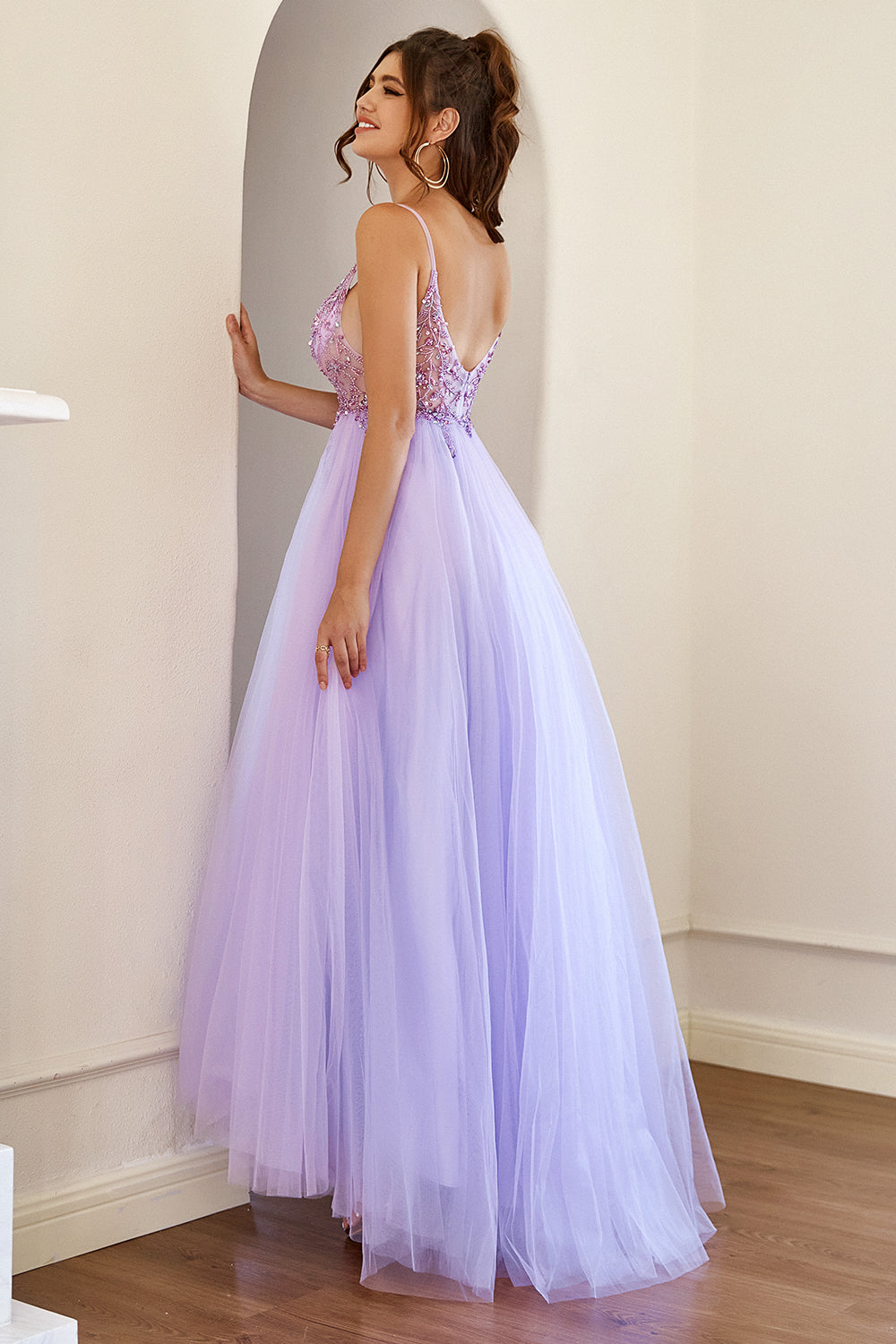 Purple Beading Tulle Prom Dress - Fashionpara