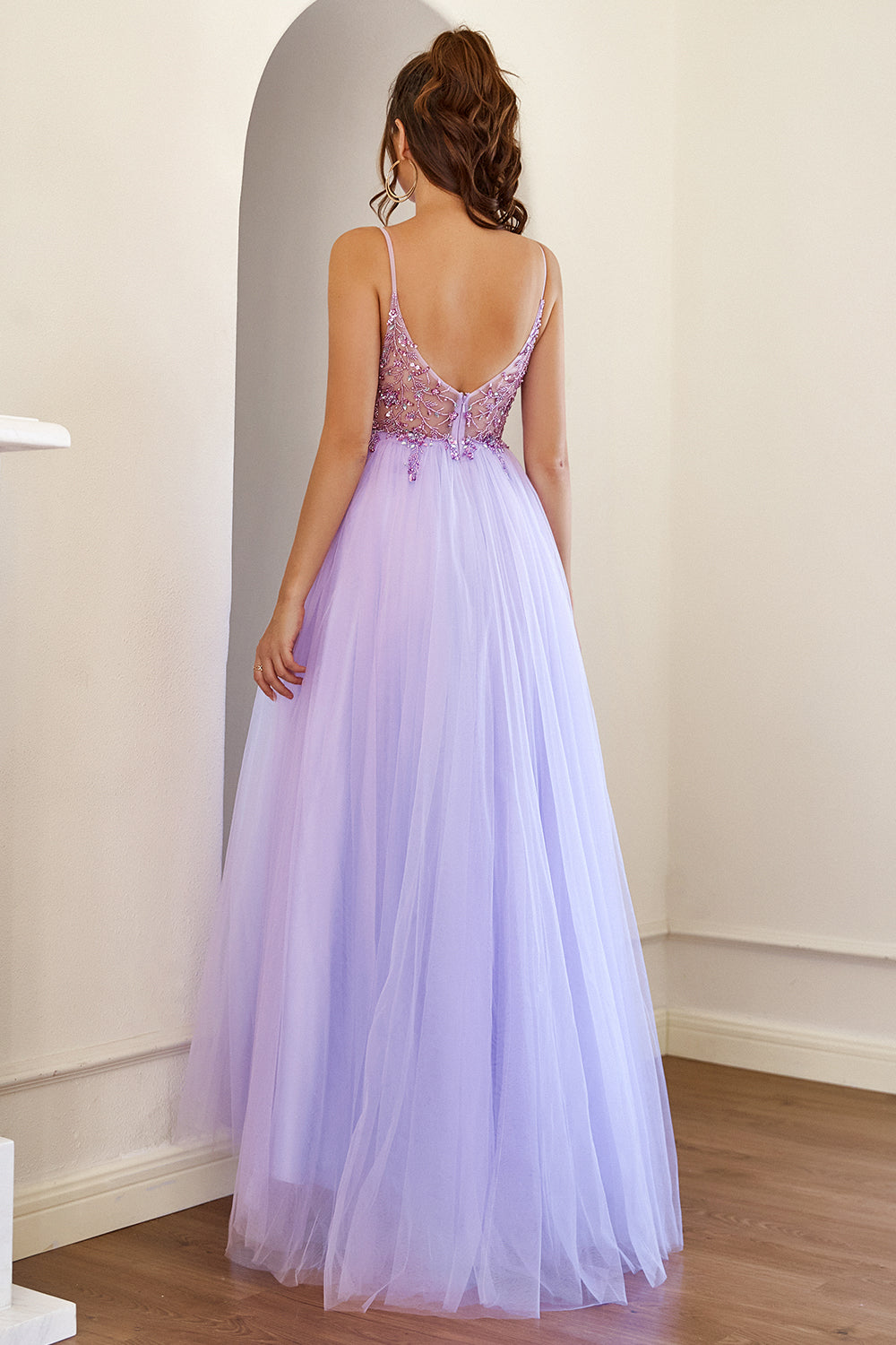 Purple Beading Tulle Prom Dress - Fashionpara