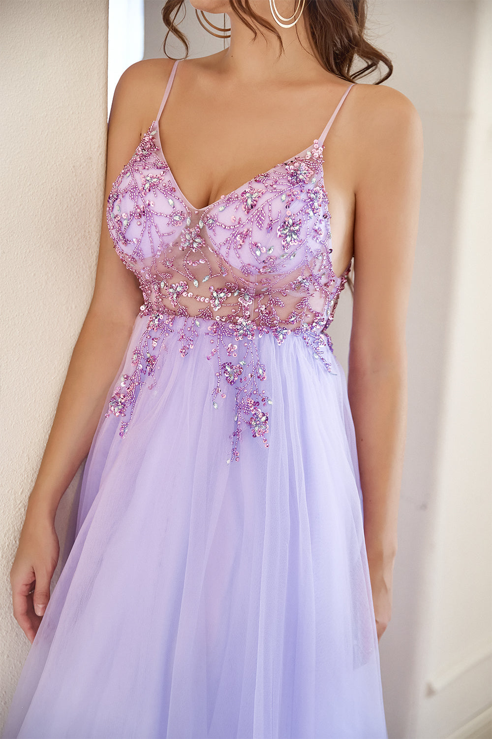 Purple Beading Tulle Prom Dress - Fashionpara