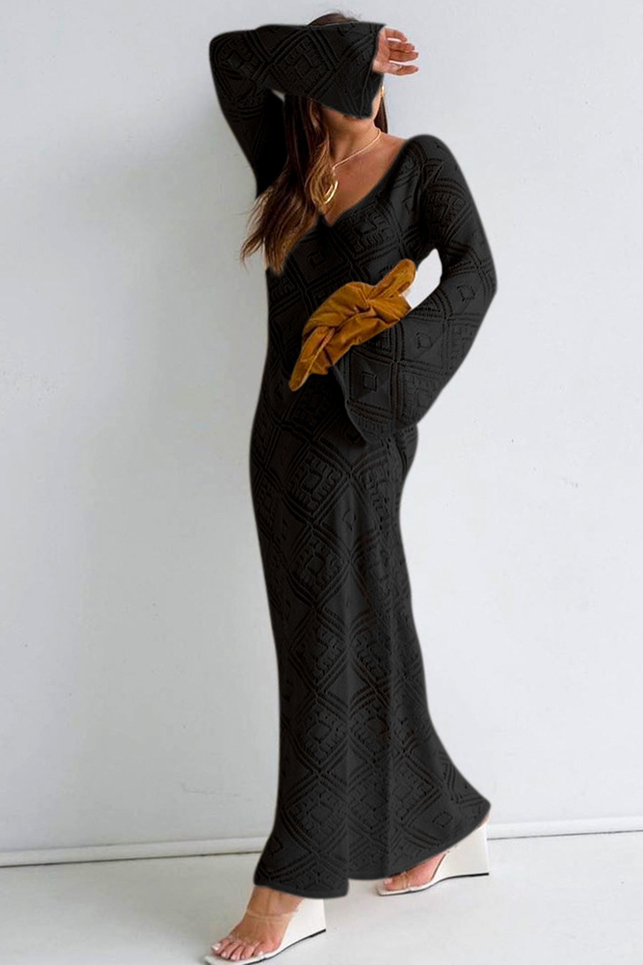 V Neck Crochet Checkered Hollow Out Midi Dress