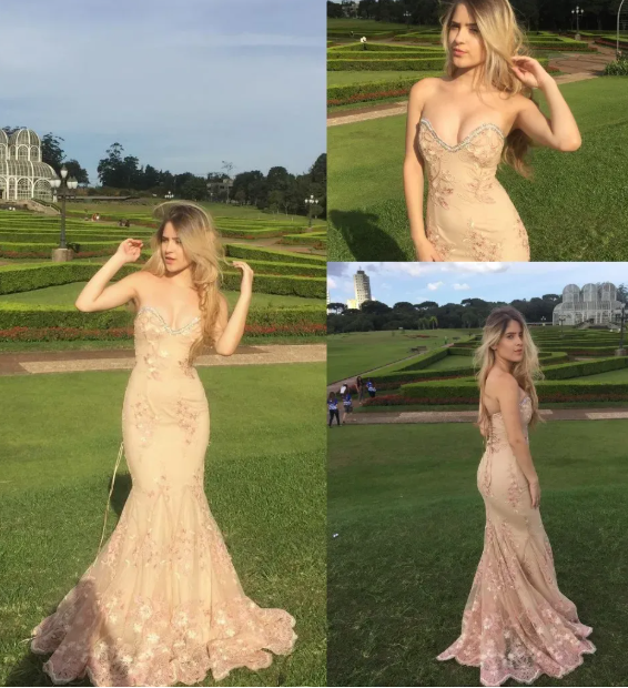 Elegant Coral Pink Sweetheart Neck Tulle Appliques Evening Dress Mermaid Long Party Dress D1264