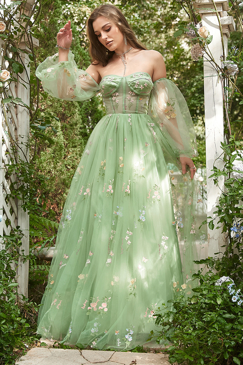 A Line Off The Shoulder Long Sleeves Champagne Tull Prom Dress with Embroidery