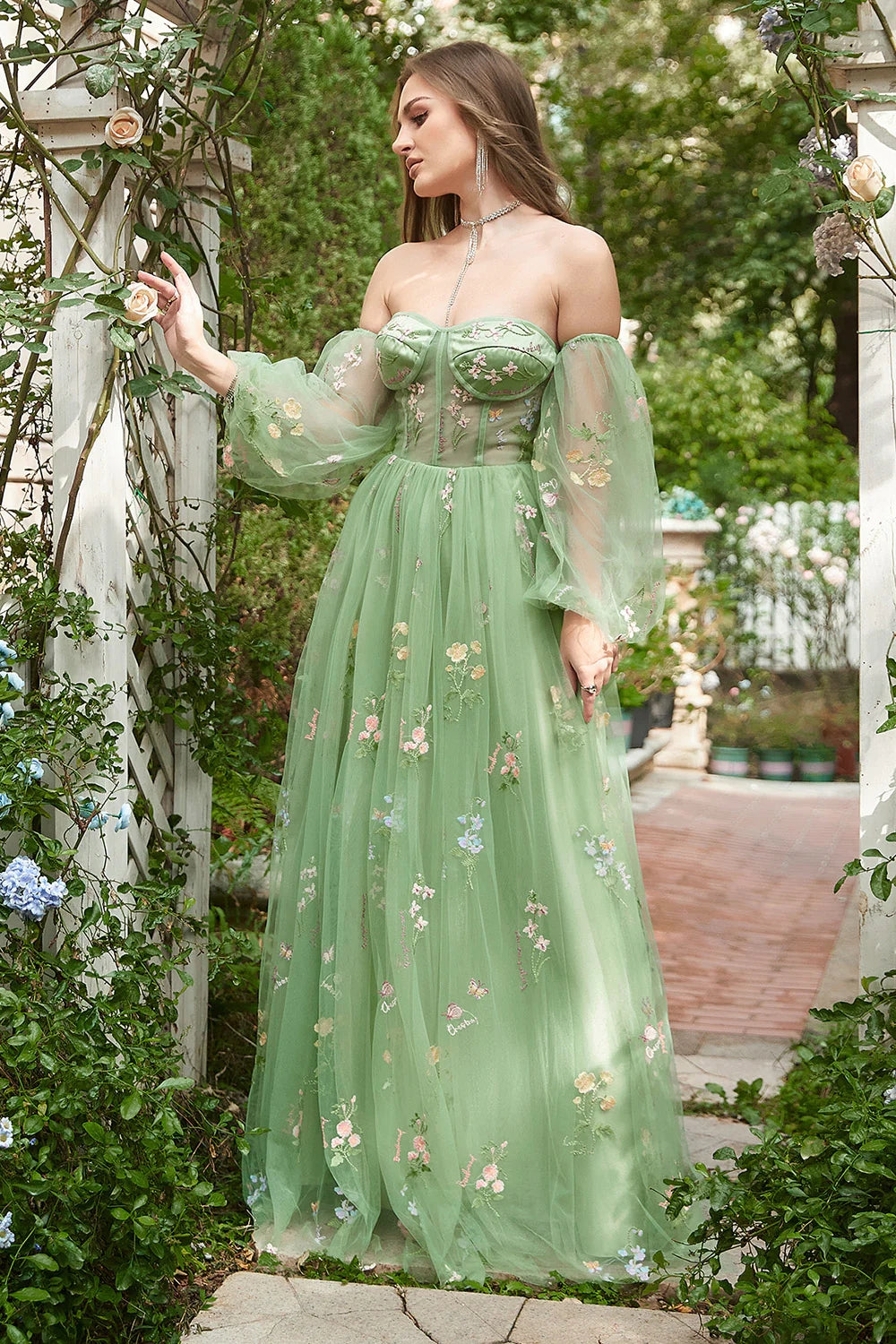 Green Off The Shoulder Long Sleeves A-Line Prom Dress - Fashionpara