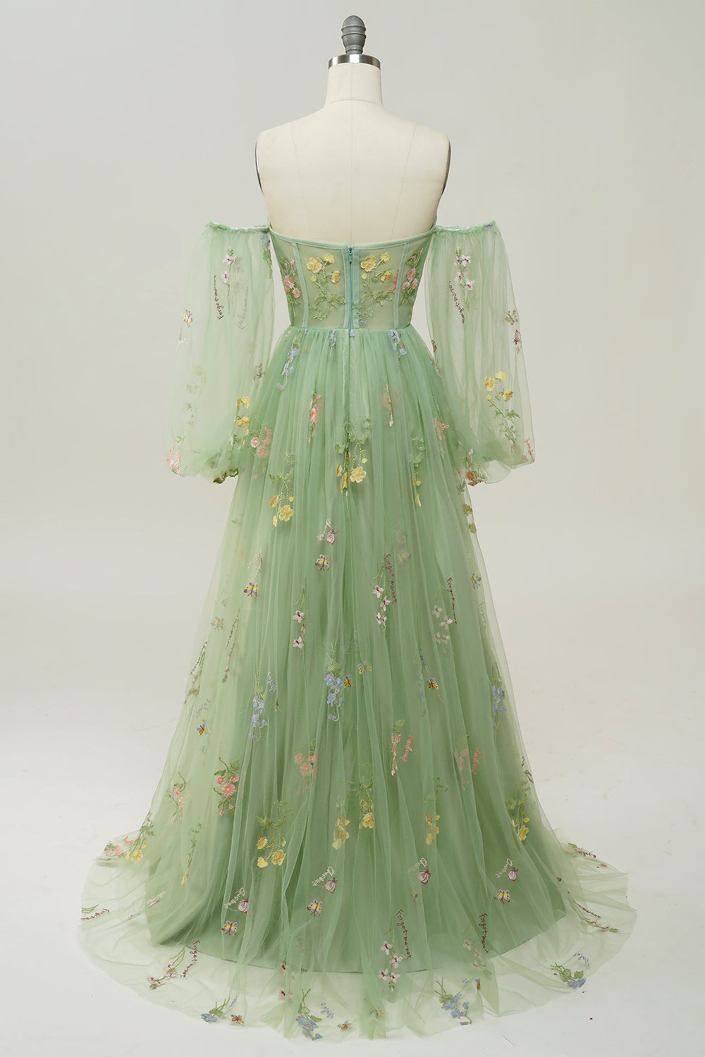 Green Off The Shoulder Long Sleeves A-Line Prom Dress - Fashionpara
