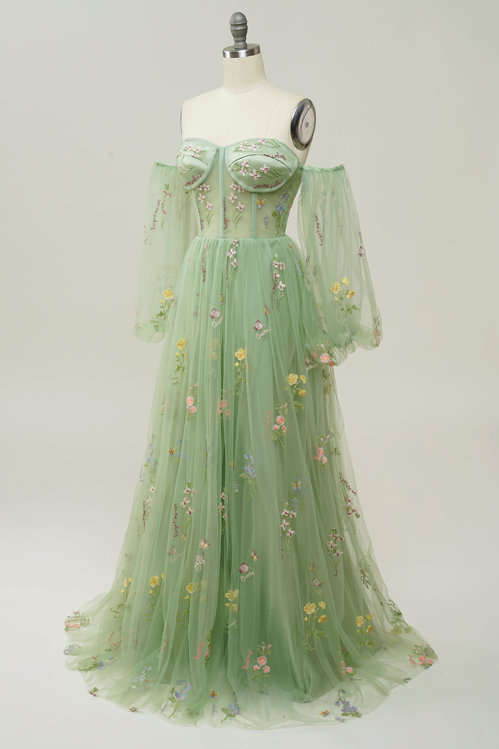Green Off The Shoulder Long Sleeves A-Line Prom Dress - Fashionpara