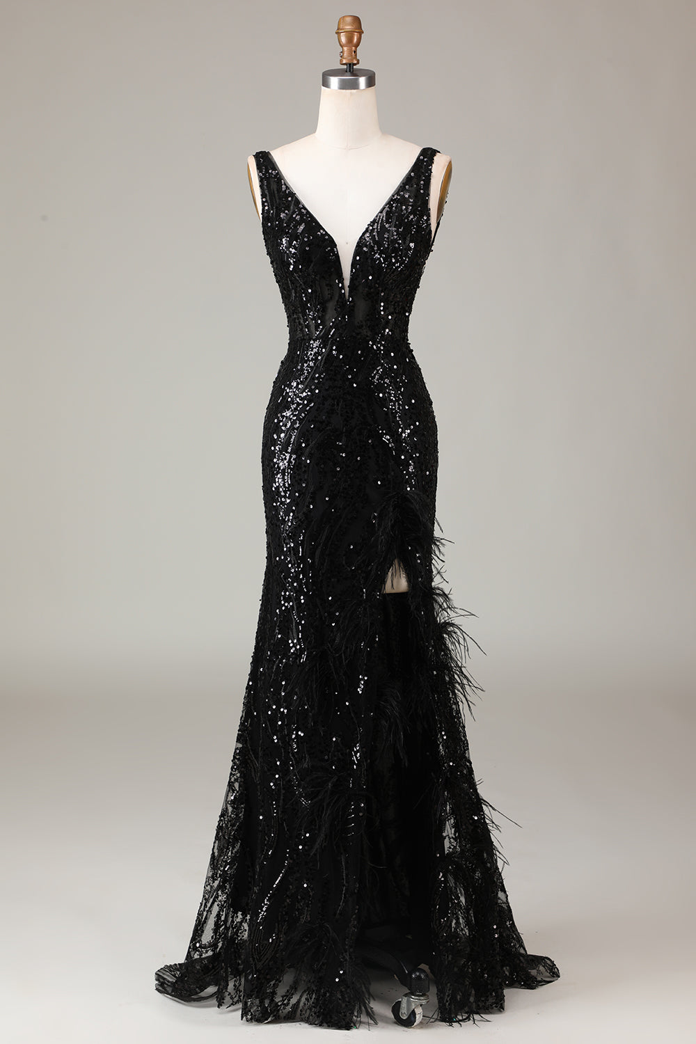 Sparkly Black Deep V-neck Mermaid Prom Dress with Feathers