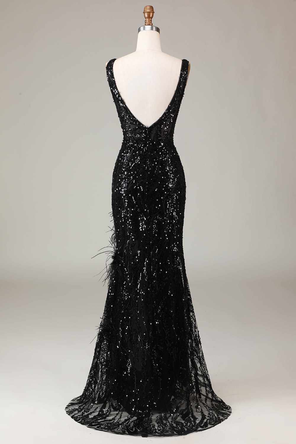 Sparkly Black Deep V-neck Mermaid Prom Dress with Feathers