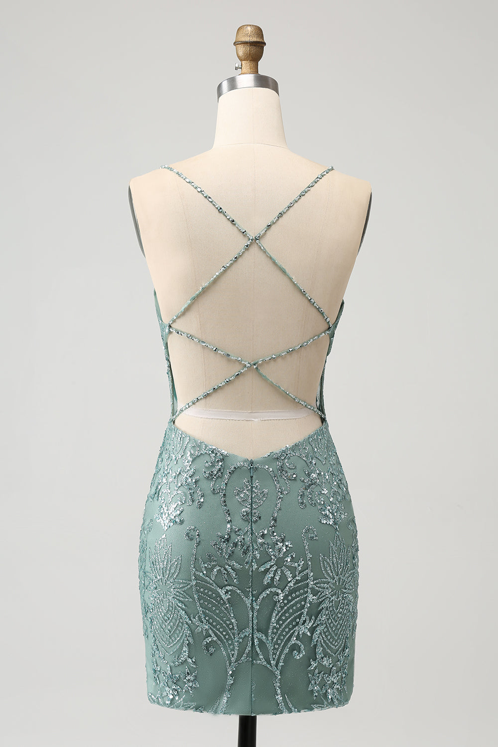 Green Bodycon Beaded Short Homecoming Dress with Criss Cross Back - Fashionpara