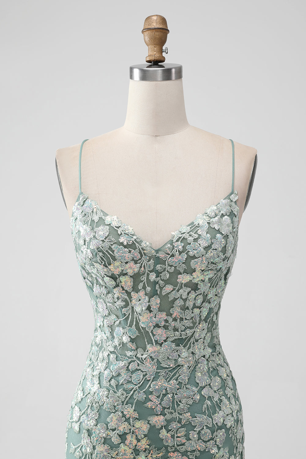 Grey Green Bodycon Lace-up Back Short Homecoming Dress with Sequin Appliqued - Fashionpara