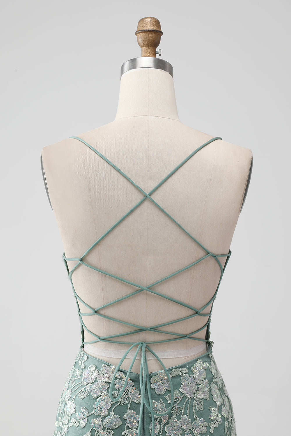 Grey Green Bodycon Lace-up Back Short Homecoming Dress with Sequin Appliqued - Fashionpara