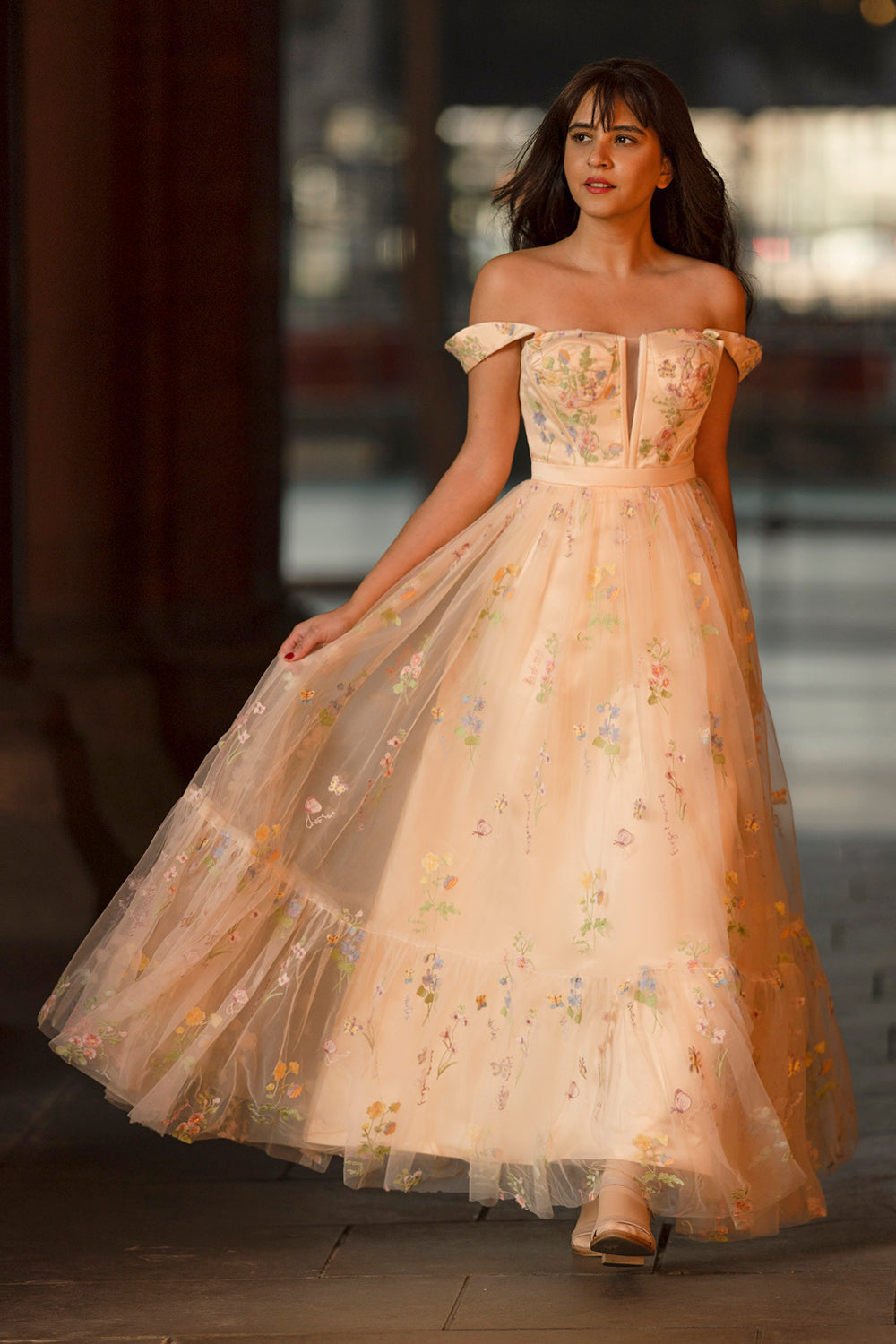 Princess A Line Champagne Long Prom Dress with Embroidery - Fashionpara