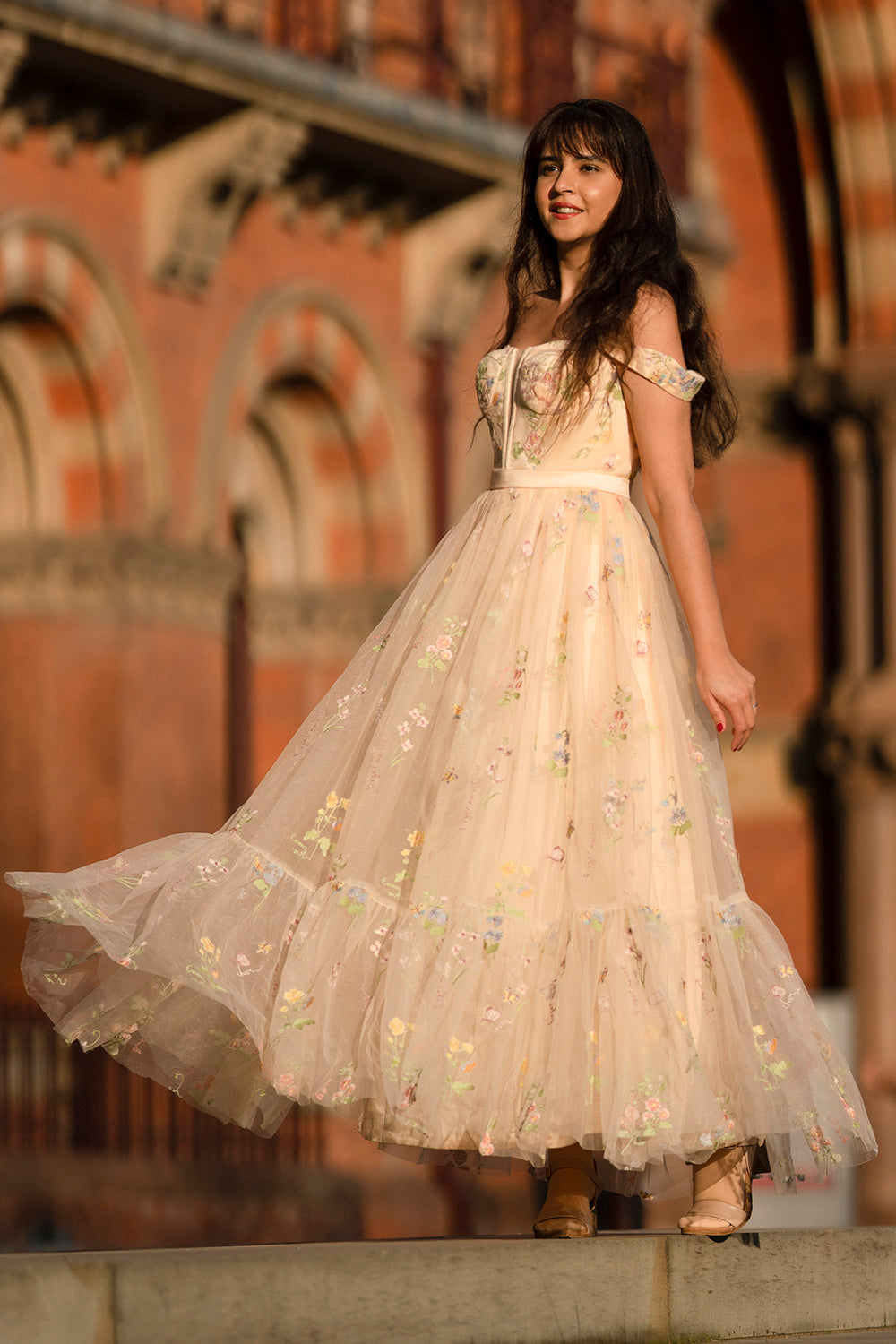 Princess A Line Champagne Long Prom Dress with Embroidery - Fashionpara