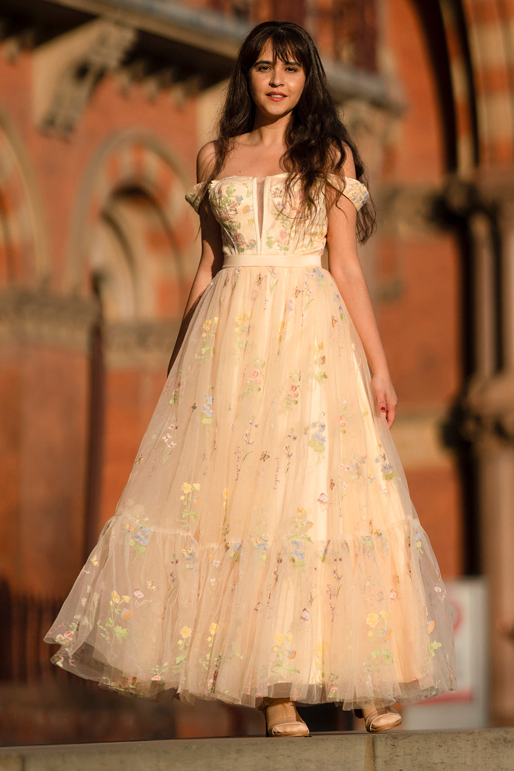 Princess A Line Champagne Long Prom Dress with Embroidery - Fashionpara
