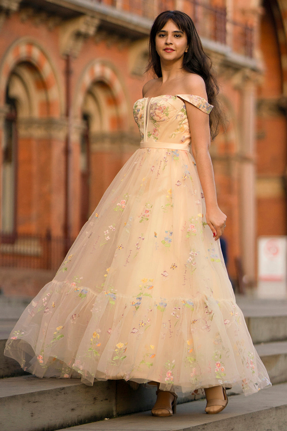 Princess A Line Champagne Long Prom Dress with Embroidery - Fashionpara