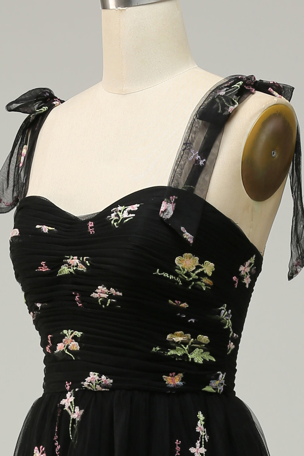 A Line Spaghetti Straps Black Long Prom Dress with Embroidery