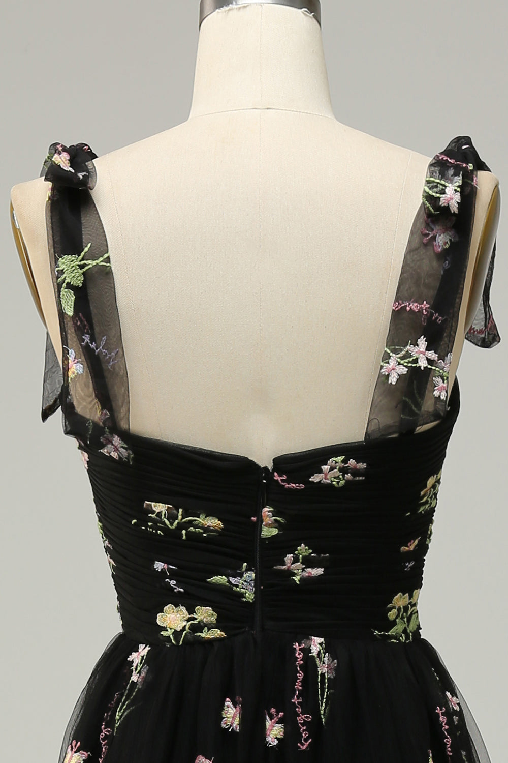 A Line Spaghetti Straps Black Long Prom Dress with Embroidery