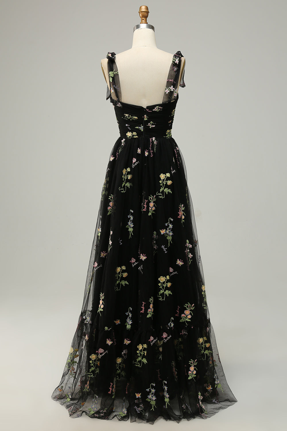 A Line Spaghetti Straps Black Long Prom Dress with Embroidery