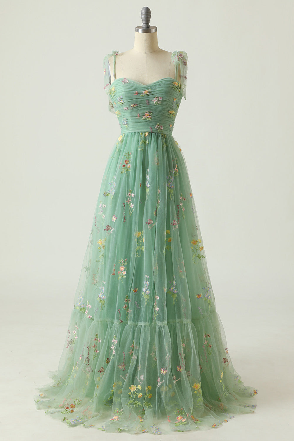 A Line Spaghetti Straps Champagne Prom Dress with Appliques - Fashionpara