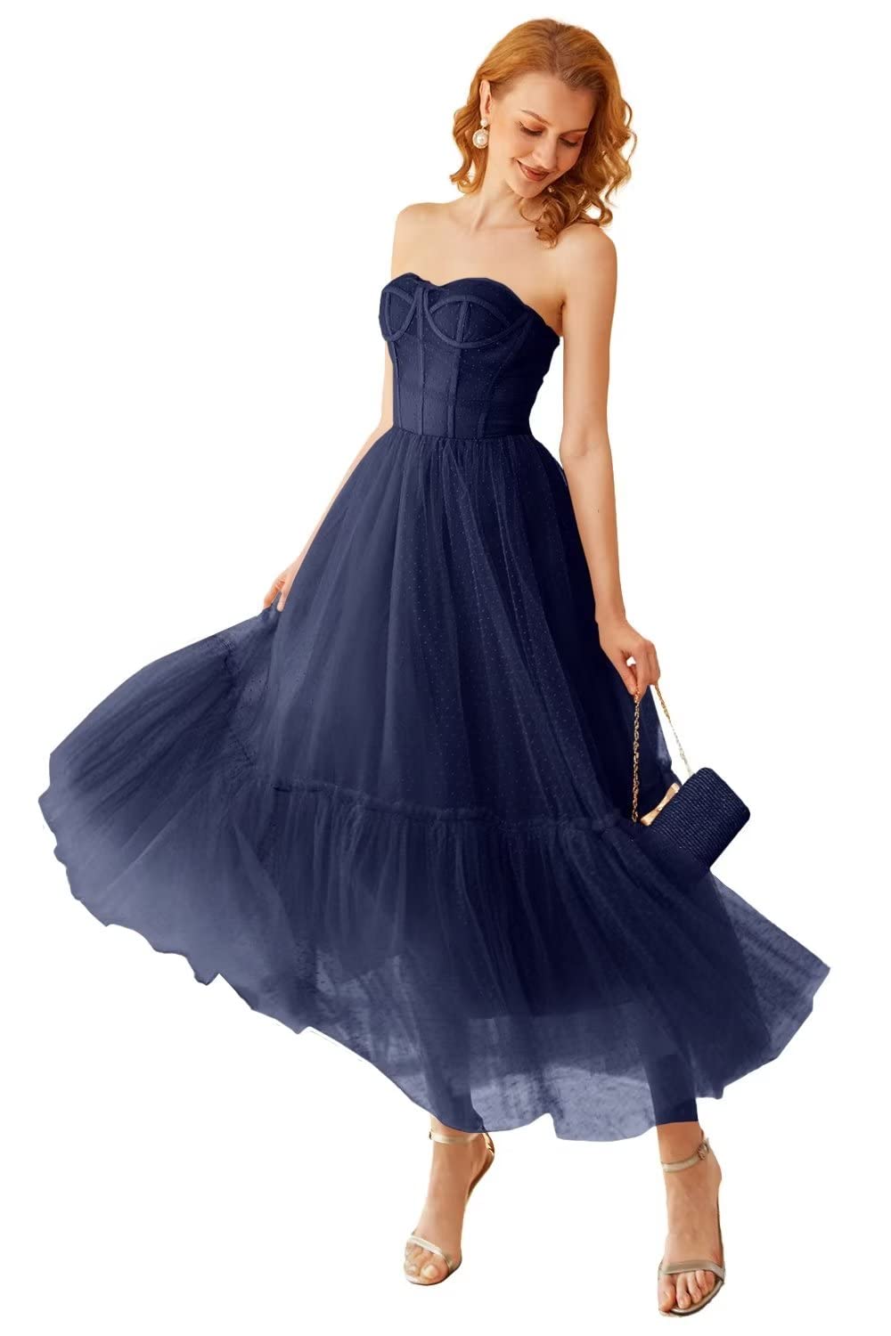 Khaki Polka Dots Corset Prom Dress - Fashionpara