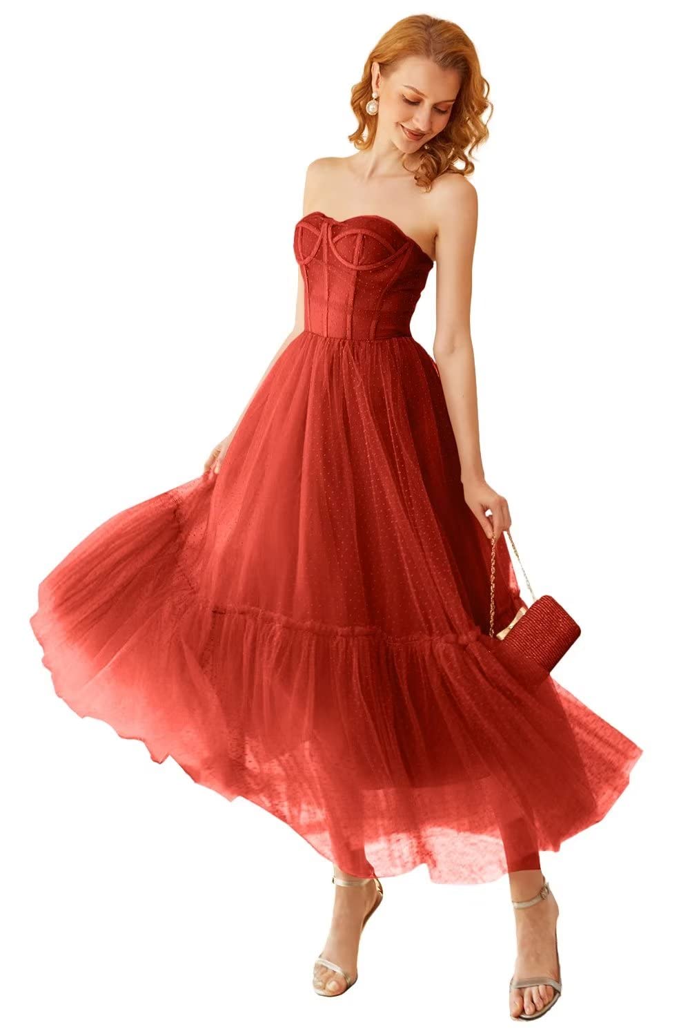 Khaki Polka Dots Corset Prom Dress - Fashionpara
