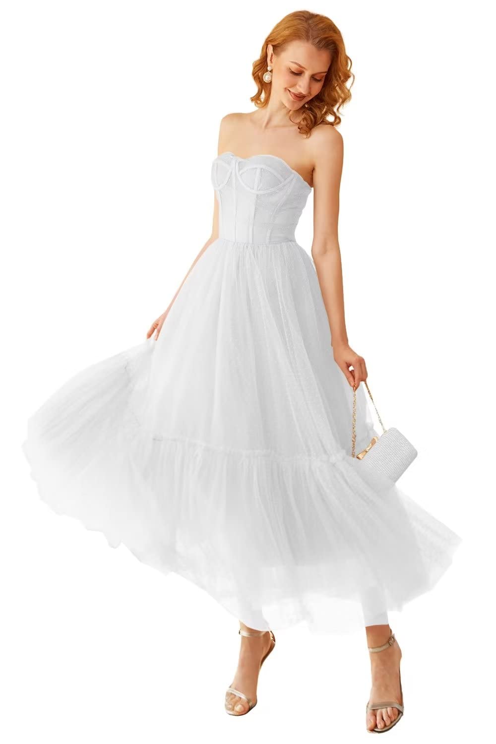Khaki Polka Dots Corset Prom Dress - Fashionpara