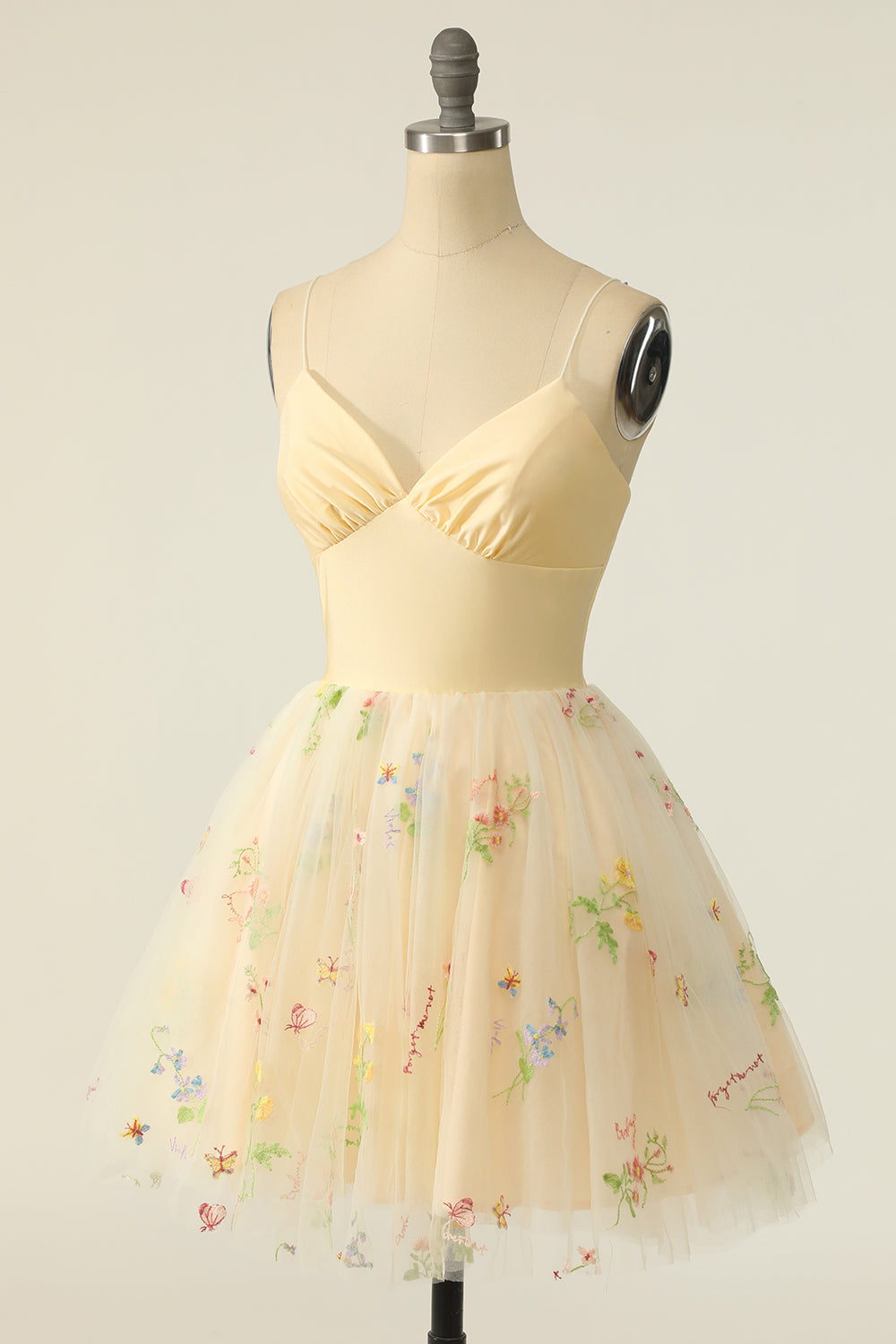 Champagne Tulle Spaghetti Straps A-line Homecoming Dress with Embroidery - Fashionpara