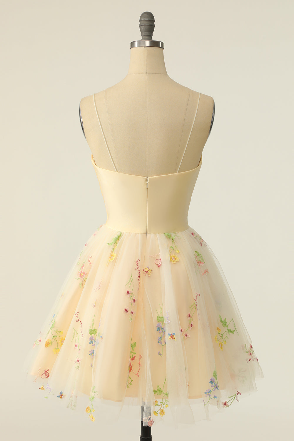 Champagne Tulle Spaghetti Straps A-line Homecoming Dress with Embroidery - Fashionpara