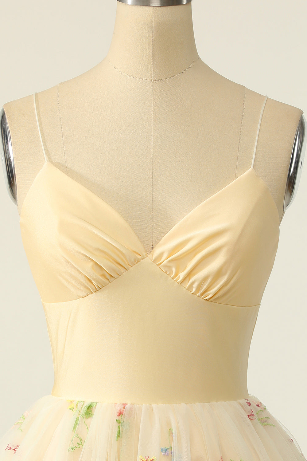 Champagne Tulle Spaghetti Straps A-line Homecoming Dress with Embroidery - Fashionpara