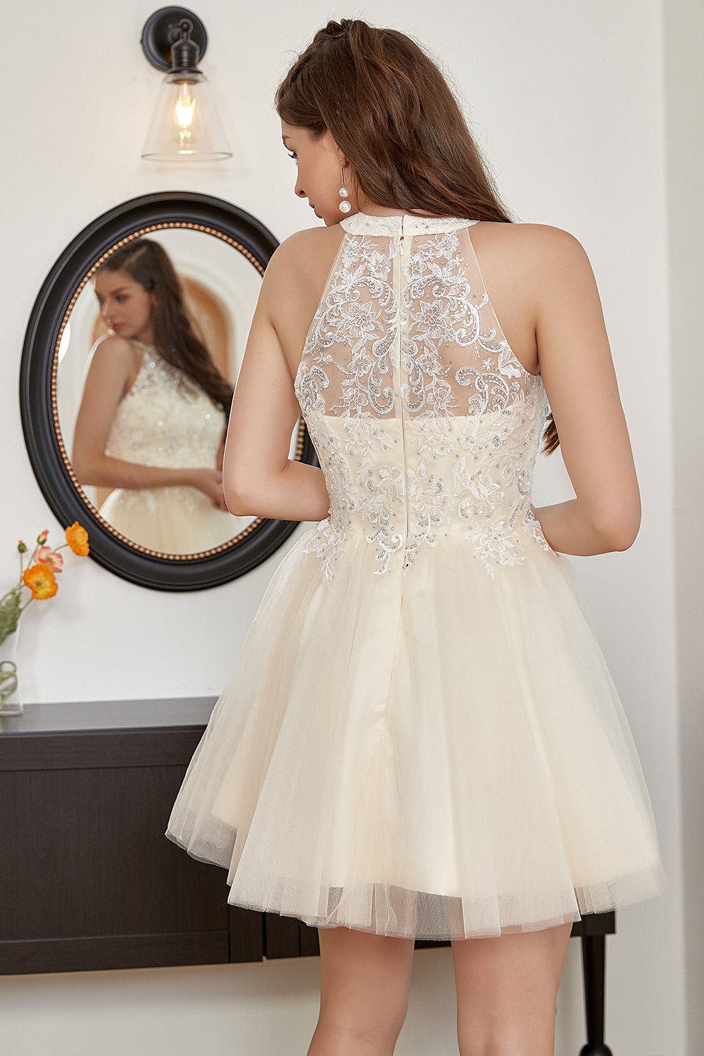 Champagne Beaded Halter Tulle Cute Homecoming Dress - Fashionpara
