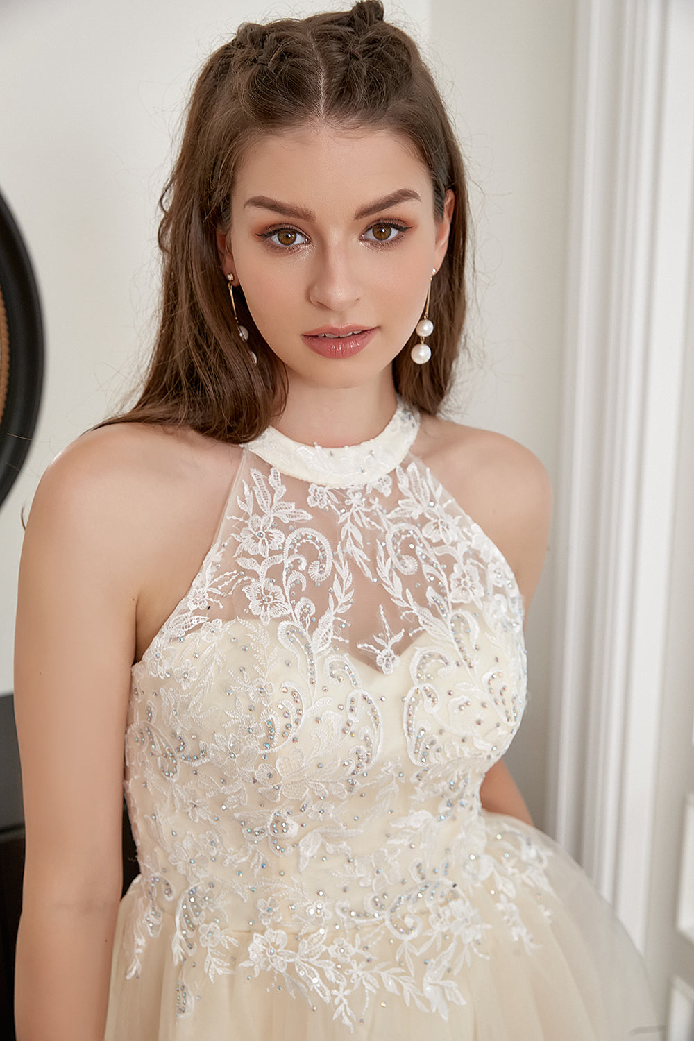 Champagne Beaded Halter Tulle Cute Homecoming Dress - Fashionpara