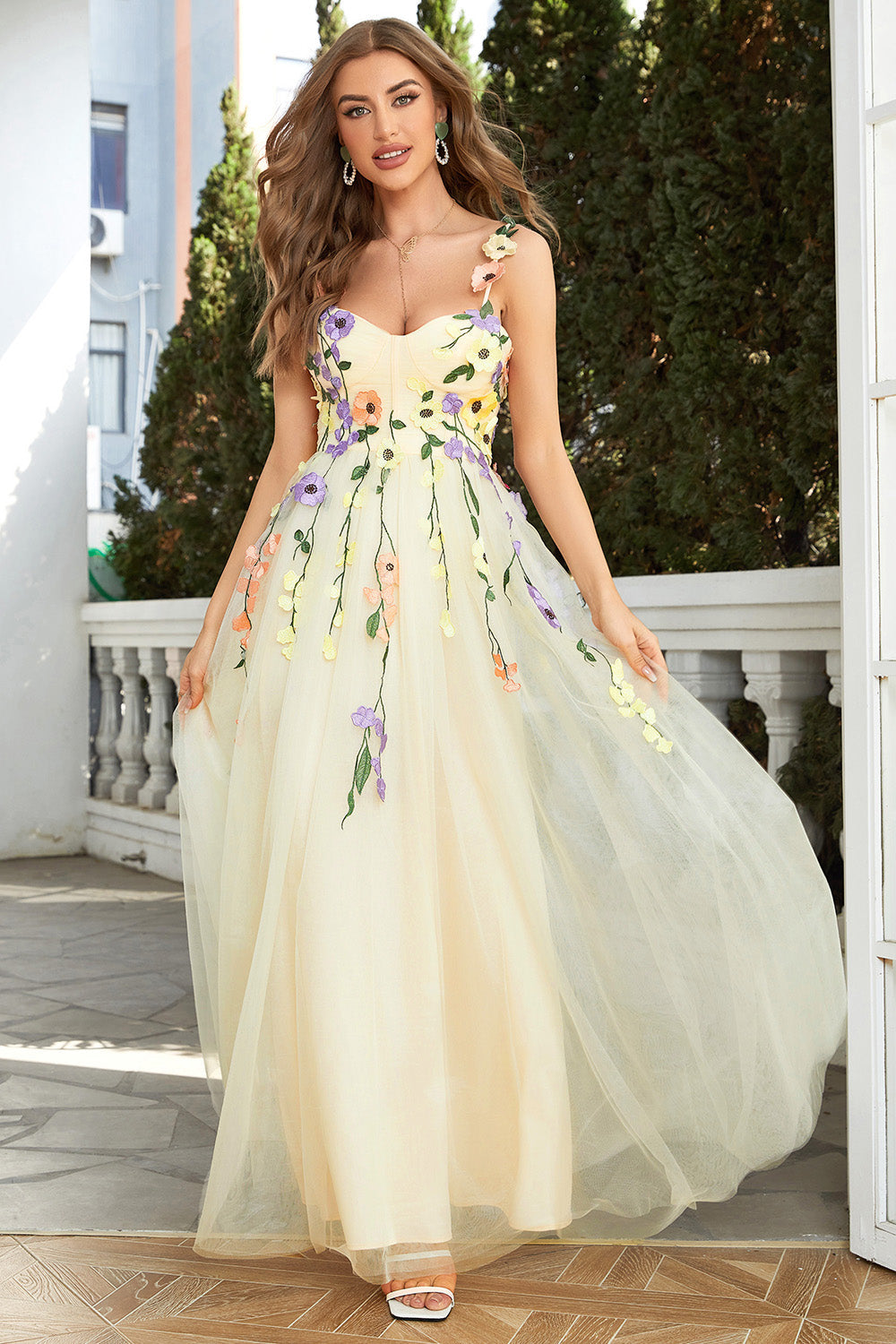 Champagne Spaghetti Straps Prom Dress With 3D Flowers - Fashionpara