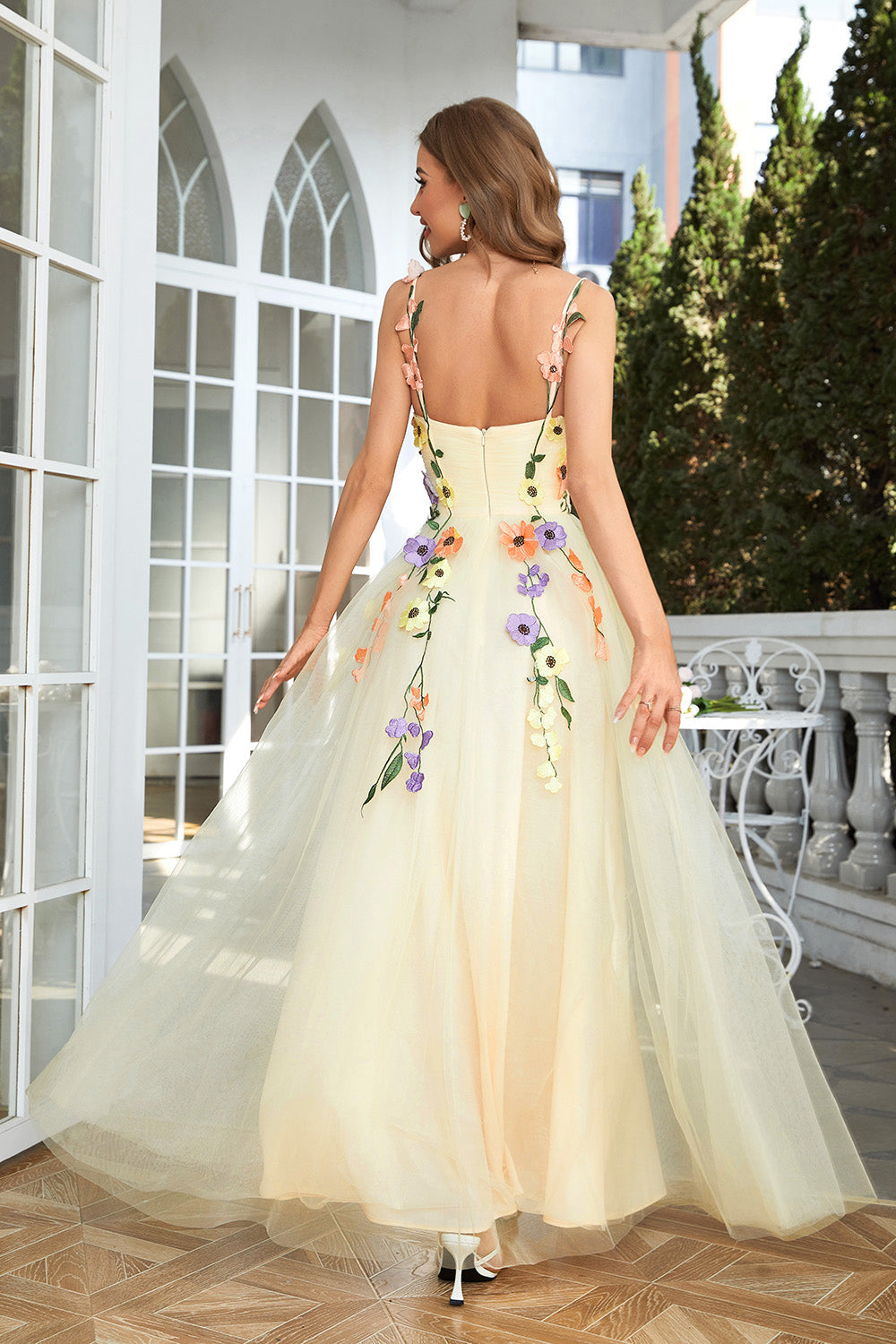 Champagne Spaghetti Straps Prom Dress With 3D Flowers - Fashionpara