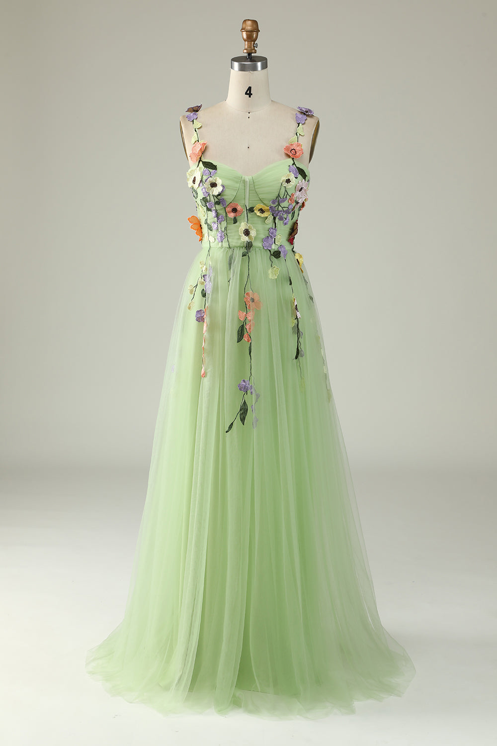Champagne Spaghetti Straps Prom Dress With 3D Flowers - Fashionpara