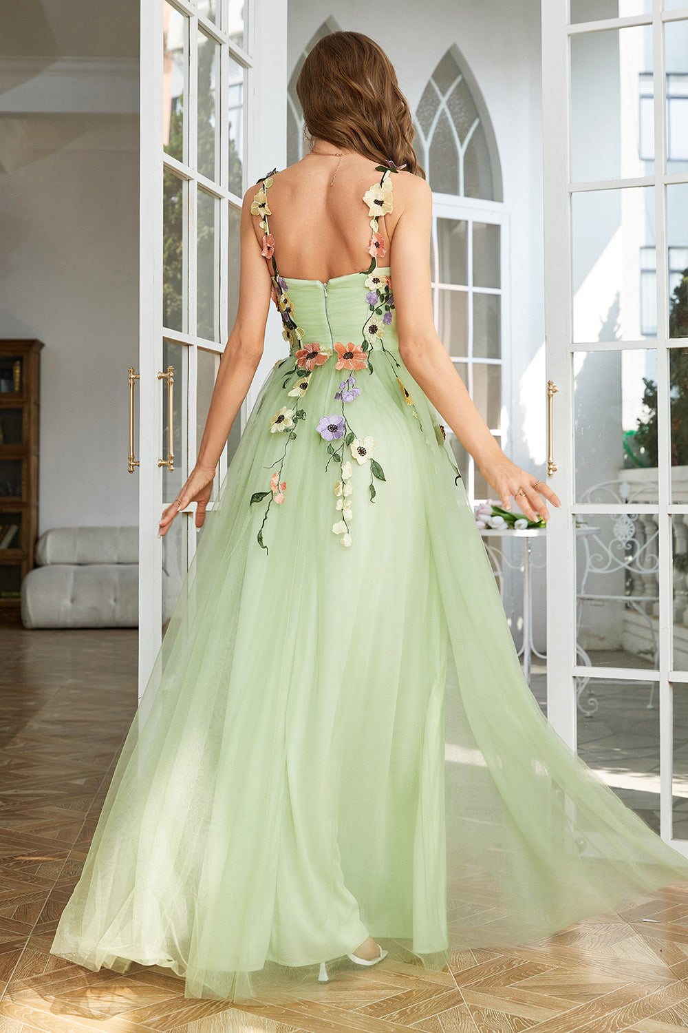 Champagne Spaghetti Straps Prom Dress With 3D Flowers - Fashionpara