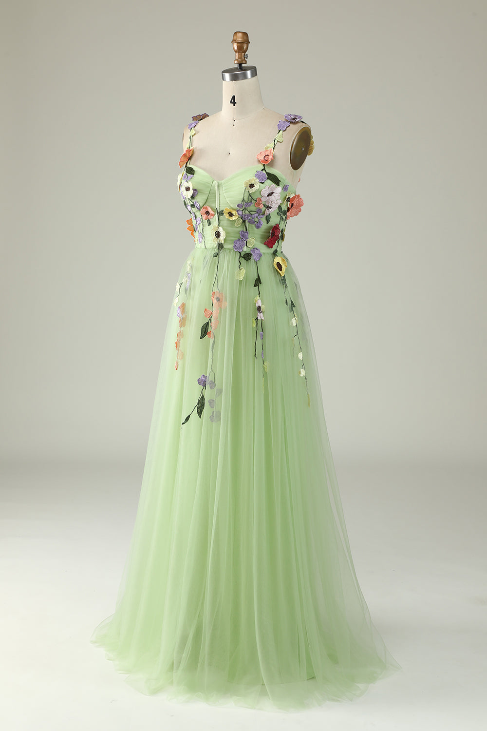 Champagne Spaghetti Straps Prom Dress With 3D Flowers - Fashionpara