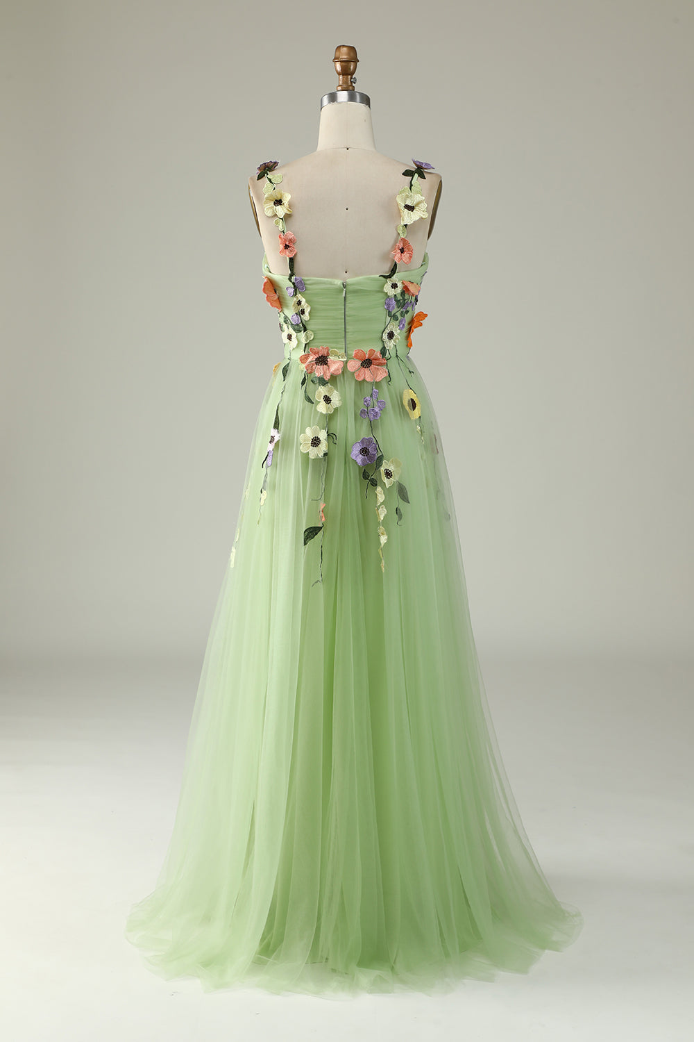 Champagne Spaghetti Straps Prom Dress With 3D Flowers - Fashionpara
