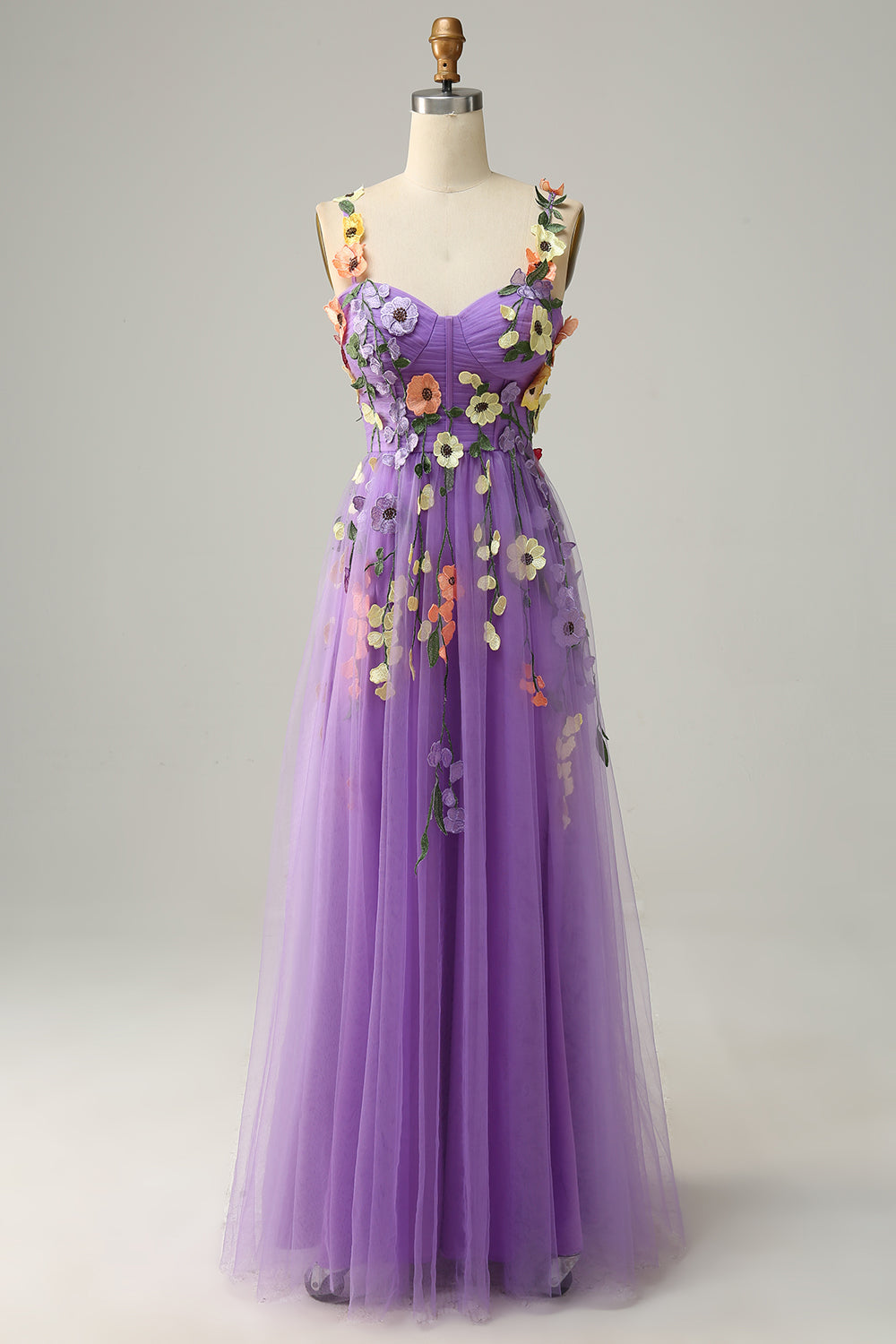 Champagne Spaghetti Straps Prom Dress With 3D Flowers - Fashionpara