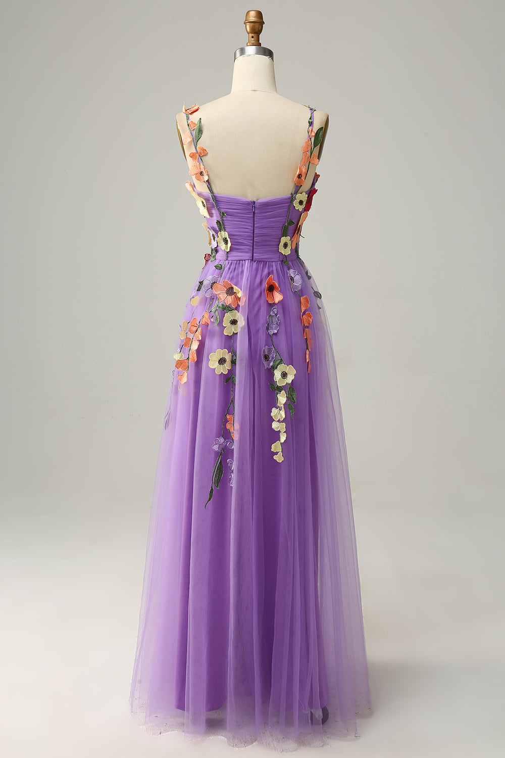Champagne Spaghetti Straps Prom Dress With 3D Flowers - Fashionpara