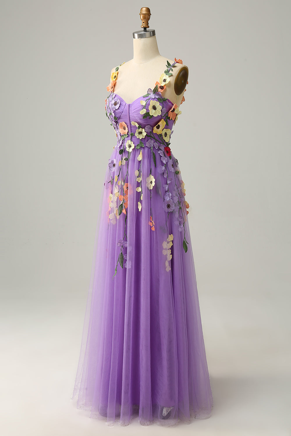 Champagne Spaghetti Straps Prom Dress With 3D Flowers - Fashionpara