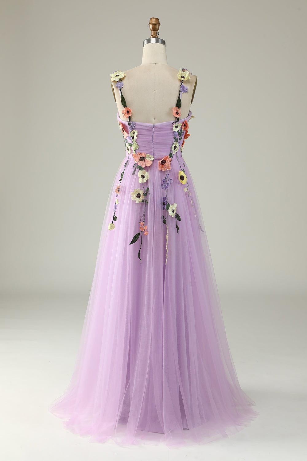Champagne Spaghetti Straps Prom Dress With 3D Flowers - Fashionpara