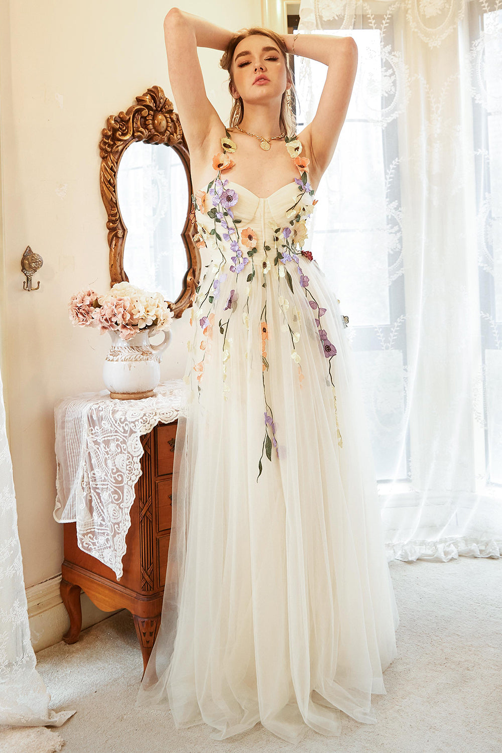 Elegant A Line Champagne Plus Size Prom Dress with Appliques - Fashionpara