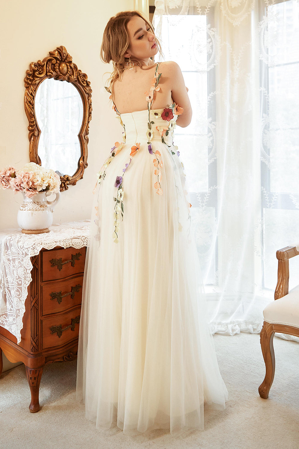 Elegant A Line Champagne Plus Size Prom Dress with Appliques - Fashionpara