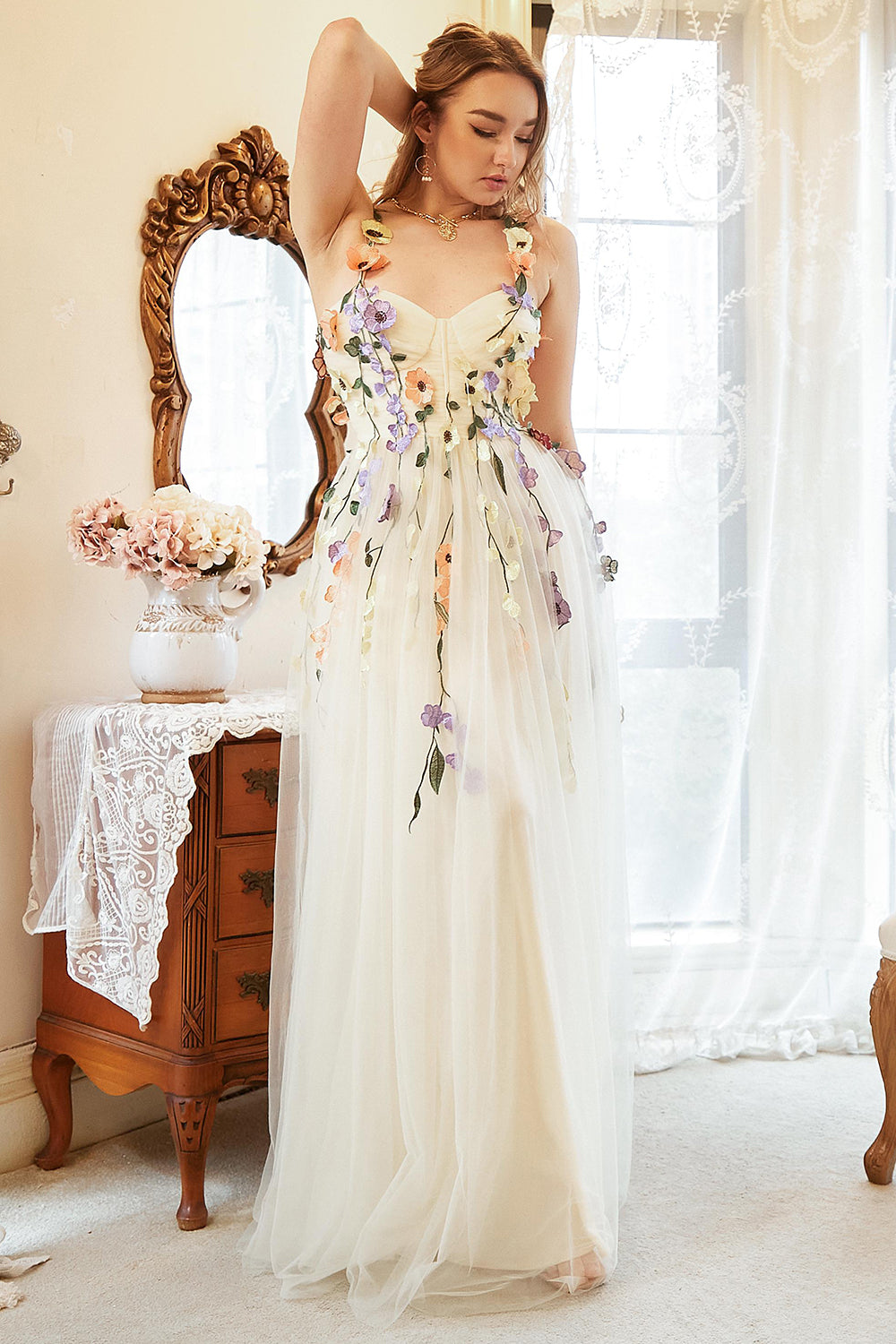 Elegant A Line Champagne Plus Size Prom Dress with Appliques - Fashionpara