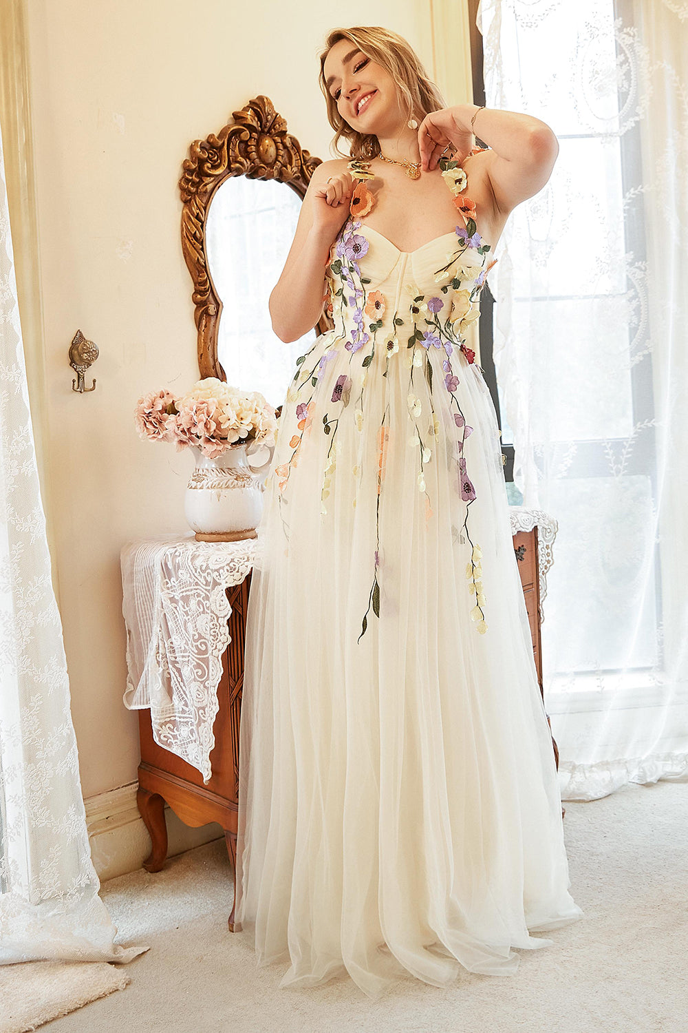 Elegant A Line Champagne Plus Size Prom Dress with Appliques - Fashionpara