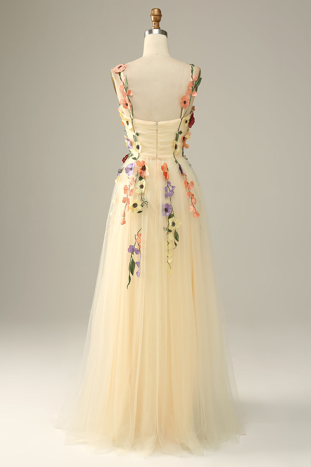 Champagne Spaghetti Straps Prom Dress With 3D Flowers - Fashionpara