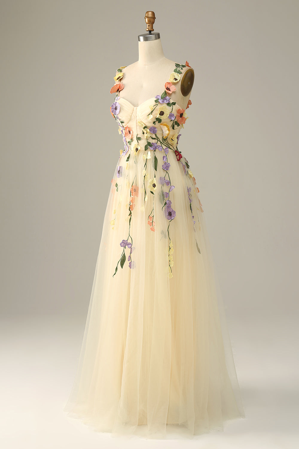 Champagne Spaghetti Straps Prom Dress With 3D Flowers - Fashionpara