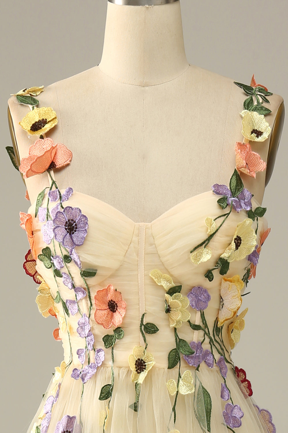 Champagne Spaghetti Straps Prom Dress With 3D Flowers - Fashionpara